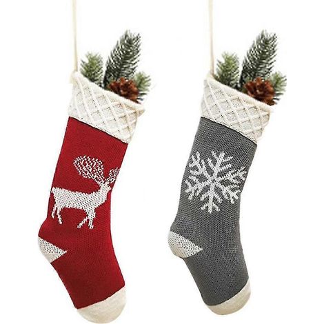 Calcetines navideños, paquete de 2, con personajes navideños tejidos a mano para la decoración navideña familiar. (1/5)