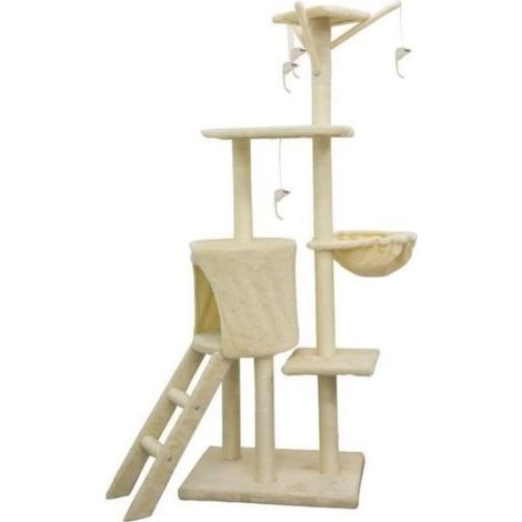 JIPSY Arbre a chat beige 79 x 34 x 138 cm - 3 plateformes, 1 perchoir, 1 niche, 1 escalier, poteaux a griffer (1/5)