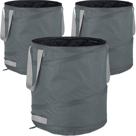 Relaxdays Laubsack, selbstaufstellend, 3er Set, 85 L, Pop Up Gartensack, mit 3 Griffen, UV-beständig, wasserdicht, grau