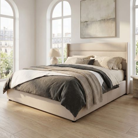 Letto contenitore 160x200, letto matrimoniale capitonné, con sollevamento idraulico e testiera ergonomica, in lino, stile moderno scandinavo, beige