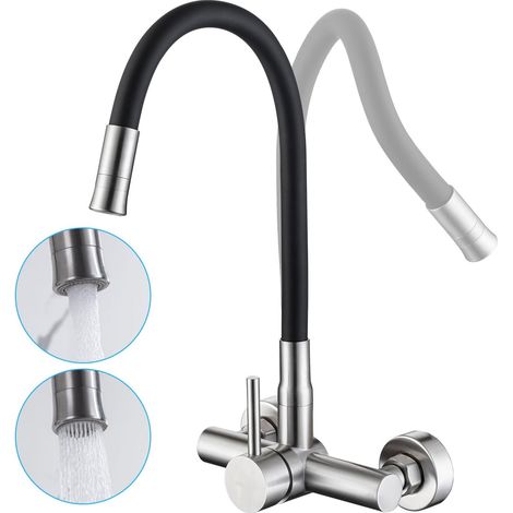 Robinet de Cuisine Mural Mitigeur avec Bec flexible, 2 Types de Jet D'eau Robinet Cuisine Evier Mural Acier Inoxydable avec Double Sortie,Robinet de Cuisine avec Bec Flexible pour Cuisines (1/5)