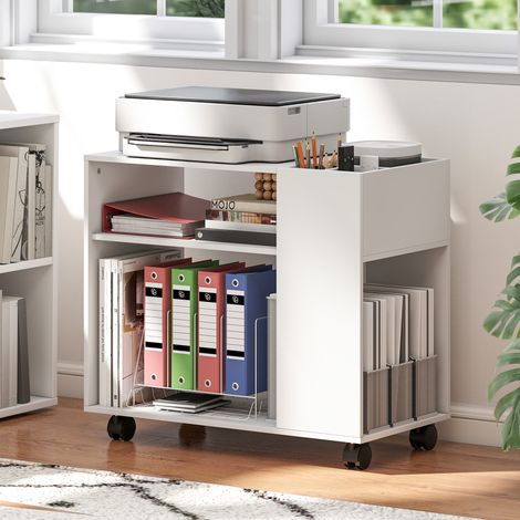 Mueble para Impresora con Ruedas Compartimentos Superiores Estantes Abiertos 70x36x60 cm Blanco