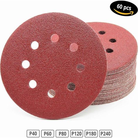 Disques Abrasifs Professionnels │ 60 pièces │ 8 trous │ Ø 125 mm │ Mixpack (10 x grain 40/60/80/120/180/240 chacun) │ pour ponceuses orbitales aléatoires │ Feuilles Abrasives │ Papier Abrasif (1/5)