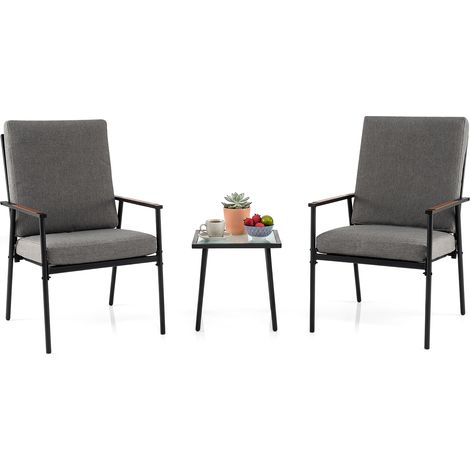 Salon de Jardin 3 Pièces pour 2 Personnes avec 2 Chaises en Métal, Dossier Croisé, Accoudoirs&Coussins, Table en Verre Trempé Ondulé (1/5)