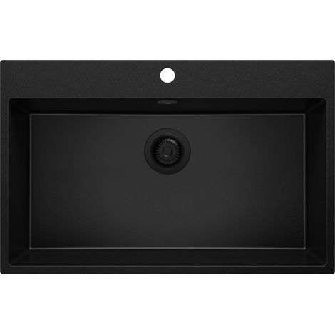 PRIMAGRAN Evier Cuisine en Granit 78x50cm, Lavabo 1 bac + Kit de Vidage, Évier à Encastrer au meuble 80cm - Riga, Tout Noir (1/5)