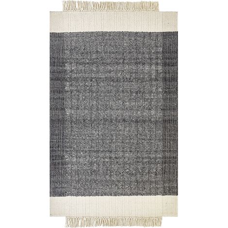 Tappeto in lana bianco sporco nero 140 x 200 cm fatto a mano con nappe Atlanti