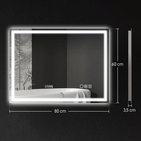 Miroir LED mural 80x60 cm argenté,Bluetooth musique et horloge,3 couleurs lumineuses tactile,mémoire et anti-buée.