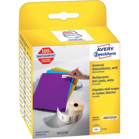Avery-Zweckform AS0722550 Rotolo di etichette 19 x 51 mm Carta Bianco 500 pz. Staccabile Etichetta universale (1/5)