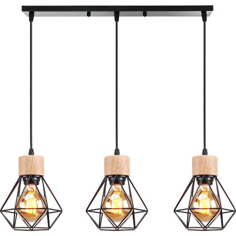 Lámparas De Colgar Vintage Plafones Retro Negro 3 Luces Plafones De Interior Moderna Para Interiores Lámparas De Colgar De Madera De Metal