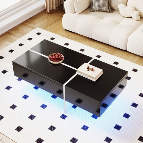Table basse lumineuse en noir et blanc, meuble de salon 100x50x34,5cm avec éclairage LED piloté par application