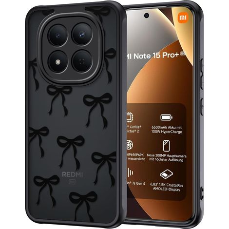 Coque pour Xiaomi Redmi Note 15 Pro Plus/Pro+ 5G, Aesthetic Papillon Nœud Motif Étui Translucide Mat Silicone TPU + PC Arrière Antichoc Housse Protection de la Caméra Bumper Case, Noir (1/5)