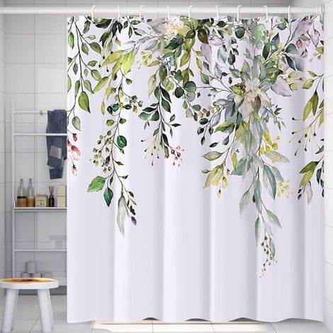 Rideau de Douche Floral avec 12 Crochets, Rideaux de Douche en Polysilicium Impermable, Lavable Machine, Schage Rapide, 180x180cm pour Baignoire ou la Salle de Bain (Vert) (1/5)
