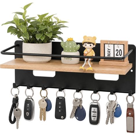 Porte-clés mural avec étagère, grand 34x10x10 cm, accroche clef mural 8 crochets, porte clef mural en bambou et métal, rangement mural pour entrée, cuisine, salon – inclus vis et tournevis (1/5)
