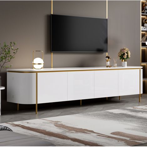 MODFU – Meuble TV 180 cm MDF blanc – 6 portes sans poignées – Passe-câbles et pieds métal – Blanc (1/5)