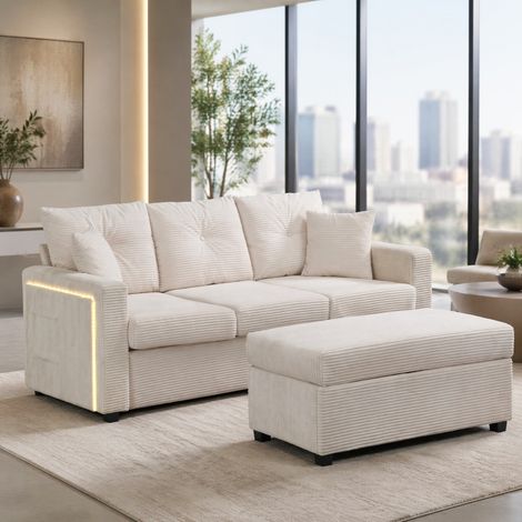 Sofá modular en L beige con chaise longue, puf extragrande y 5 cojines, terciopelo acanalado, iluminación LED regulable por app, estructura resistente de 500 kg – CHICFURN (1/5)