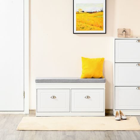 Banc de rangement de chaussures en bois avec coussin, 2 tiroirs avec tablette réglable pour 8 chaussures, 104x24x55 cm, Blanc (1/5)