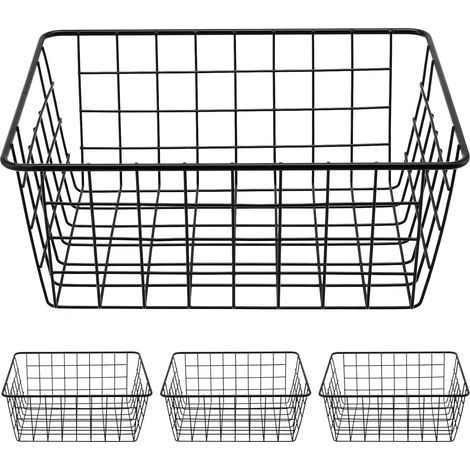 Lot de 4 paniers de rangement en fil métallique noir avec poignées, idéaux pour la cuisine, le garde-manger, le dressing ou la chambre. (1/5)