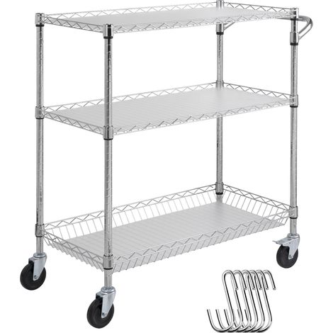 VEVOR Carro de almacenamiento para utensilios de cocina de 3 niveles, carro de alambre con capacidad de 300 kg, carro de servicio con cesta de 80 mm de profundidad, 6 ganchos, 88,9 x 45,7 x 90,2 cm