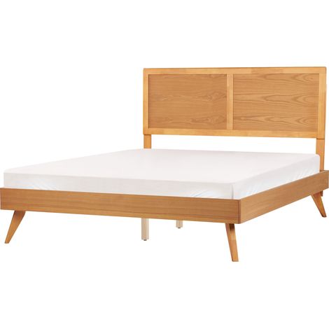 Cama 160 x 200 cm con somier cabecero alto diseño rústico madera de fresno marrón Istres