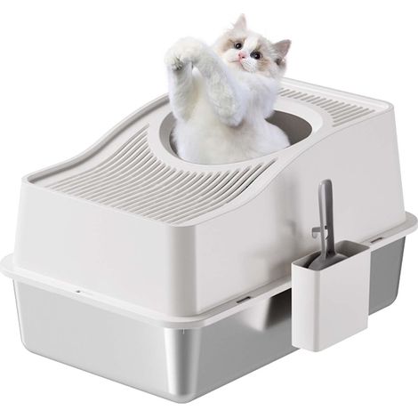 Litiere pour Chat Acier Inoxydable, XXL Bac à Litière Fermé pour Chat,Ouverture en Haut Contrôle des Odeurs, Anti-Fuite avec Amovible Maisons de Toilette pour Chats,60x40x34.5 cm,Blanc (1/5)