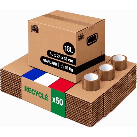 Lot de 50 cartons de déménagement 36 x 28 x 18 cm – Poignées renforcées – Supportent jusqu'à 5 kg – Adhésifs inclus – Pack And Move (1/5)