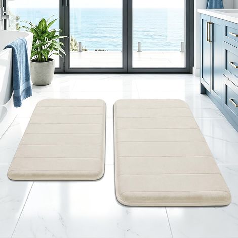 Lot de 2 tapis de bain en mousse à mémoire de forme, antidérapants et absorbants, lavables, doux et à séchage rapide, tapis de salle de bain pour douche, WC et baignoire, beige (1/5)
