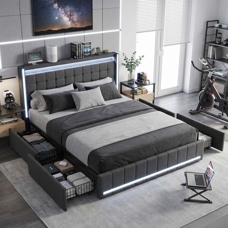 Creahappy Lit Double Rembourré 180x200 cm avec 4 Tiroirs et LED - Cadre de Lit avec Prise USB Type-C - Tissu Lin Gris Foncé (1/5)