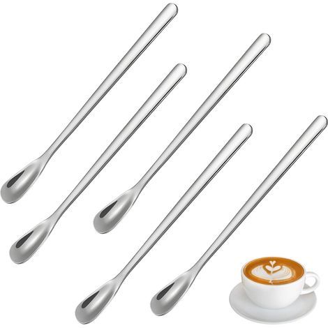 Lot de 5 Cuillères à Café en Acier Inoxydable, Cuillères à Latte Macchiato, Cuillère Longue Idéale pour Café, Desserts et thé Glacé, (Argent, 14 cm) (1/5)