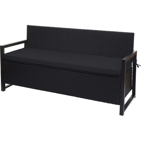 Poly-Rattan Banc 3 places HWC-F39 - Banc de jardin coffre - rangement Coussin d'assise - anthracite - coussin noir (1/5)