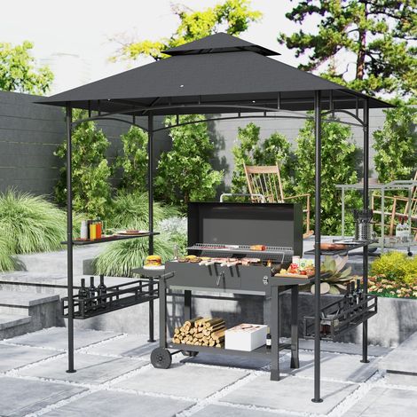 Tonnelle barbecue auvent réception jardin crochet plafond étagères paniers 240x150x257cm, gris foncé
