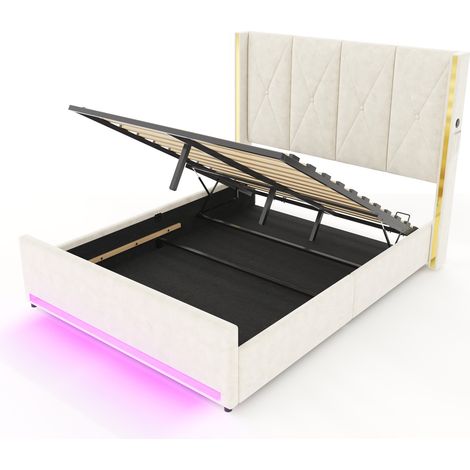 Cama canapé de terciopelo beige 160x200 cm con cabecero capitoné, LED y USB (1/5)