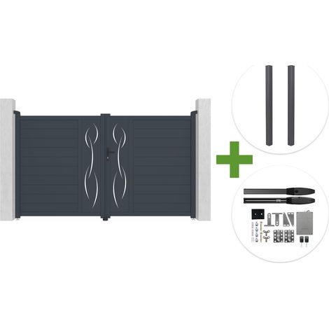 Portail battant 3m LIFE H.180cm aluminium gris + 2 poteaux ELDA + motorisation Hicker B200 (1/5)
