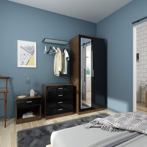 ELEGANT Modern High Gloss Wardrobe and Cabinet Furniture Set Bedroom 2 Doors Wardrobe with Mirror and 4 Drawer Chest and Bedside Cabinet, Black/Walnut (1/5)