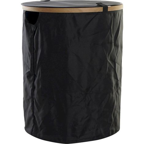 Panier à linge en polyester noir élégant - Noir avec accents bois clair (1/4)