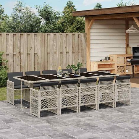 Ensemble repas de jardin 11 pièces en résine tressée gris clair avec coussins anthracite - PANGIVO (1/5)