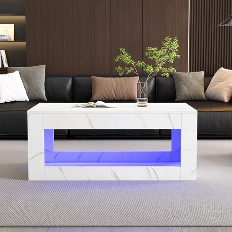 Table basse LED 100x50 cm avec rangement ouvert, table de salon effet marbre, plateau brillant, éclairage USB avec télécommande, meuble moderne, Blanc (1/5)