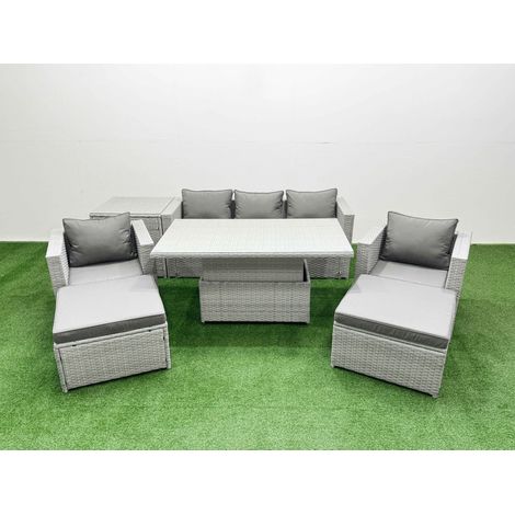 Fimous 7 PCs Rising Dining Table Set Rattan Furniture Set with 3 Seater Sofa Chair 2 Big Footstools Side Table Light Grey (1/5)