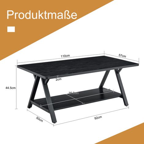 Table de salon noire industrielle, 110x57x44.5cm, avec étagère de rangement, cadre en métal et plateau aspect bois, design moderne pour télétravail, appartement ou petit espace