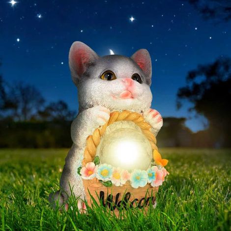 Statue solaire chaton panier fleuri en résine, lampe globe LED étanche, décoration d'entrée extérieure jardin pelouse (1/5)