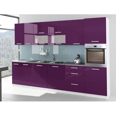 Tendencio – Cuisine complète laquée 3m20 – Colonne four aubergine – Revêtement laqué brillant – Emplacement gazinière intégré