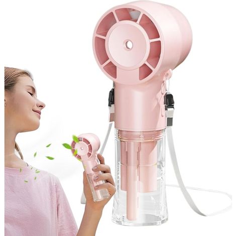 Ventilateur portable rechargeable avec fonction brumisateur, batterie 1200 mAh, rafraîchisseur d'air idéal pour les activités en extérieur par temps chaud, couleur rose (1/5)