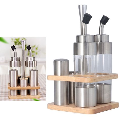 Set aus Würzflaschen mit Holzständer, aus Edelstahl 304, für Öl, Salz und Sojasauce. (1/5)