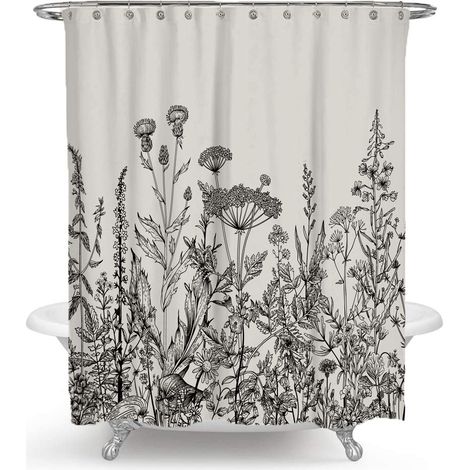 Cortina de ducha con estampado floral en blanco y negro y 12 ganchos de plástico.
