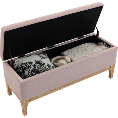 Banc coffre de rangement couvercle amovible style Scandinave tissu lin rose 110 x 39 x 45 cm