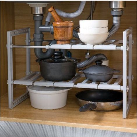 1 Under-sink shelf, stainless steel and PP, extendable 38–70 cm, with 8 removable panels, grey, for kitchen and bathroom (1/5)