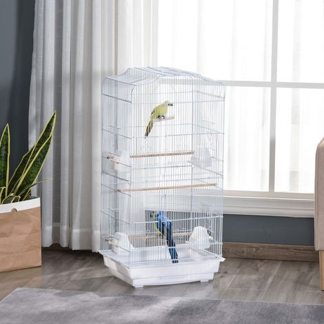 Cage à oiseaux portable avec perchoirs et gamelles - 46,5×35,5×92 cm - volière pour perruches - plateau amovible - cage à oiseaux blanche (1/4)