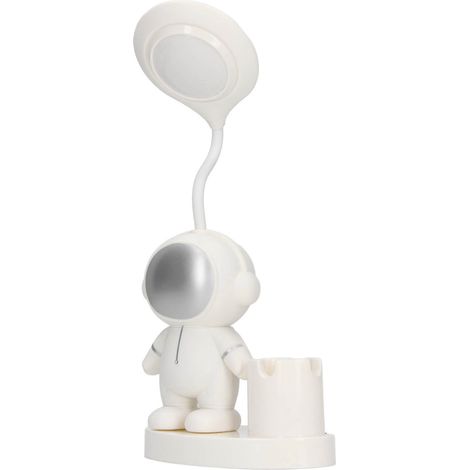 Lampe de bureau compacte en forme d'astronaute, rechargeable, avec porte-stylo et taille-crayon intégré, blanche, idéale pour une chambre d'étudiant. (1/5)