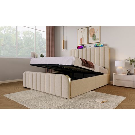 Beiges Leinen-Polsterbett 140x200 cm mit USB/Type-C, Stauraum, ohne Matratze – MEUBLIV (1/5)