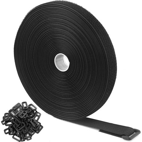 Sangles Auto-Agrippantes Réutilisables - Rouleau 5M X 2CM En Nylon Avec 25 Boucles - Pour Gestion Câbles Et Rangement - Noir (1/5)