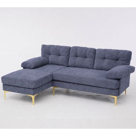 Sofá esquinero reversible de 3 plazas con reposabrazos acolchados, chenilla, madera, azul (1/5)